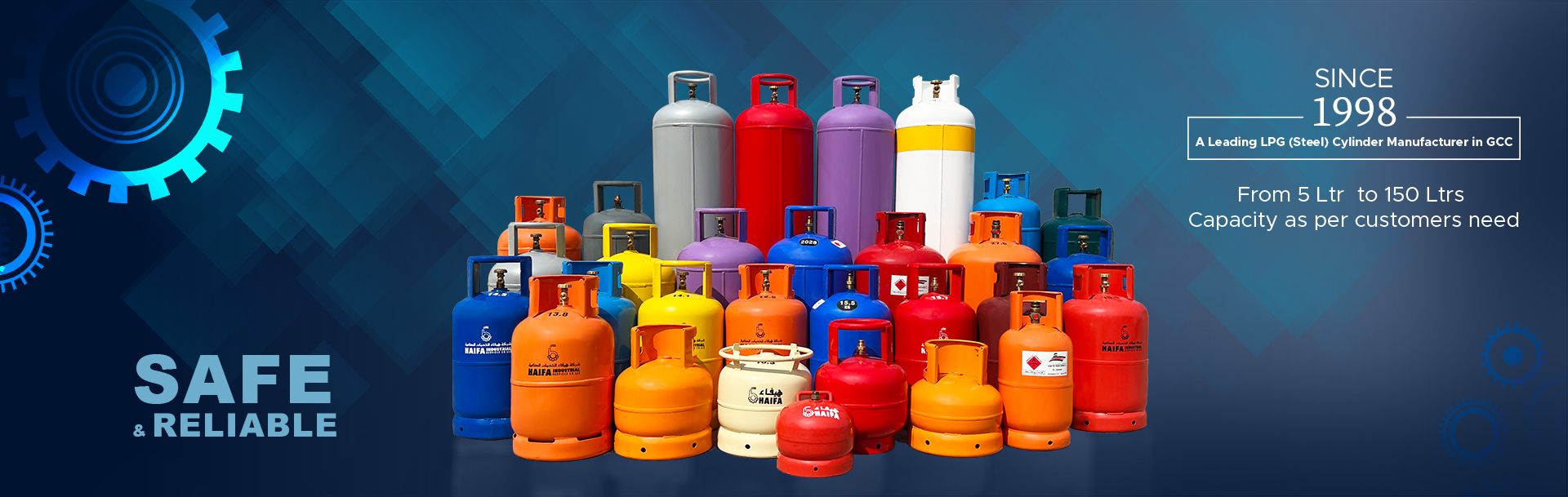 Various LPG cylinders of varied sizes, types and designs displayed, displaying their safety and  capacity.