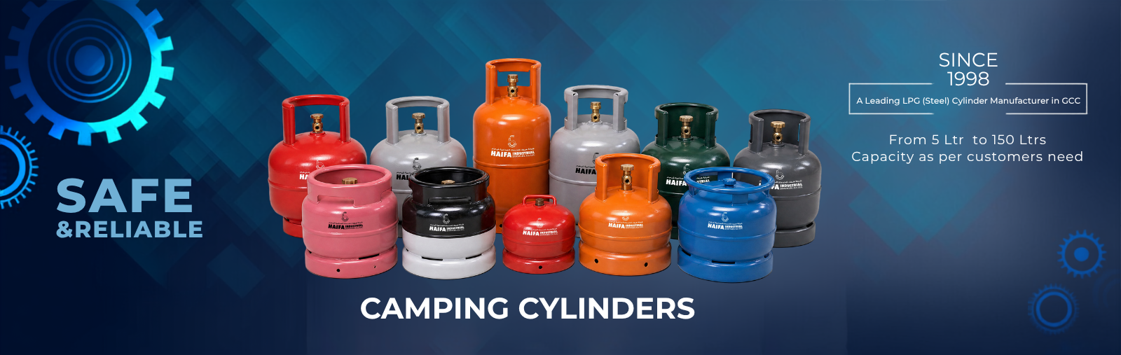 Various LPG cylinders of varied sizes, types and designs displayed, displaying their safety and  capacity.